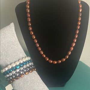 Freshwater Baroque Dyed GSJ Silver Pearl Necklace Stretch Bracelets 6 Piece Set